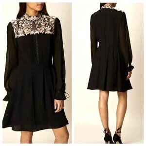 KAREN MILLEN Black Lace Yoke Mock Neck Dress
